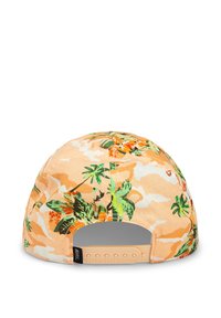 Light orange baseball cap with tropical floral pattern, adjustable plastic strap at the back, and embroidered logo tag on the side.
