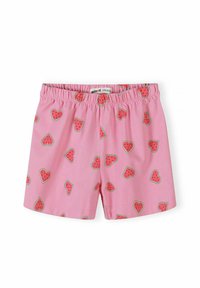 Shorts pour enfants à taille élastique rose, décorés de tranches de pastèque en forme de cœur rouge avec des graines noires.