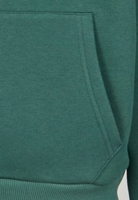 Sudadera verde con un bolsillo frontal, dobladillo acanalado y tejido texturizado. El diseño es sencillo, con líneas limpias y una apariencia acogedora.