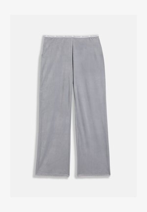 Lichtgrijze wide-leg broek met een elastische tailleband, voorzien van de tekst "Juicy Couture" in het wit en subtiele kantafwerking aan de uiteinden.