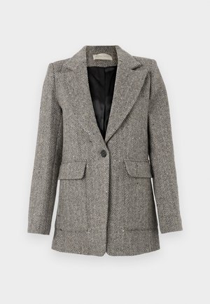 Herringbone-patterned blazer in gray, featuring a notched collar, single button closure, two front pockets, and a black lining.