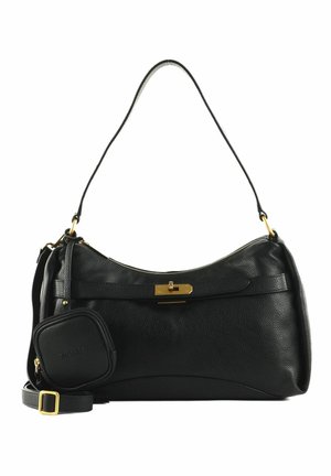 Sac à main en cuir noir texturé avec fermoir doré, une bandoulière unique et une petite pochette zippée attachée.