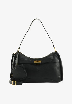 Sac à main en cuir noir texturé avec fermoir doré, une bandoulière unique et une petite pochette zippée attachée.