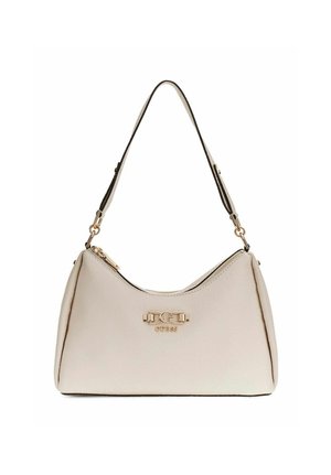 Borsa Guess beige con una singola tracolla rifinita in nero, dettaglio a catena dorata e chiusura superiore con cerniera.