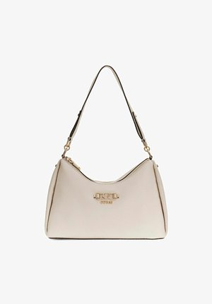 Borsa Guess beige con una singola tracolla rifinita in nero, dettaglio a catena dorata e chiusura superiore con cerniera.