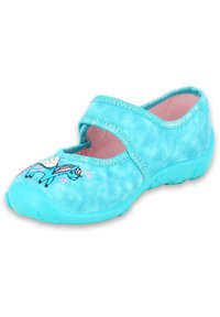 Tealfarbene Stoffschuhe mit weicher Textur, verziert mit einer Einhorn-Stickerei und pinken Akzenten. Schlüpfen-Design mit einem sicheren, elastischen Riemen.