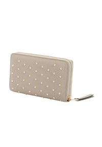 Light gray leather wallet with gold studs arranged in a grid pattern. Features a zipper closure and a small leather pull tab.