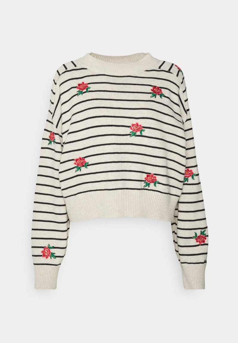 Sweter dziany w kremowe paski z czarnymi liniami i czerwonym haftem kwiatowym. Skrócony fason, długie rękawy oraz ribbowe wykończenia przy dekolcie i mankietach.