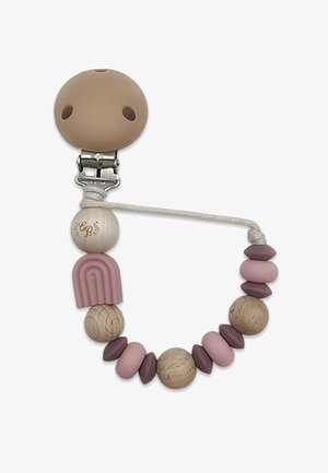 Clip de tétine en silicone avec un clip rond beige, entrelacé de perles en bois et pastels roses et violets, incluant un accent en arc-en-ciel rose.