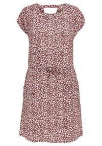 Blumenkleid in Rostrot mit weißen und grünen Akzenten. Verfügt über kurze Ärmel, einen Schlüsselbereich-Ausschnitt und einen Kordelzug in der Taille. Leichtes Material.