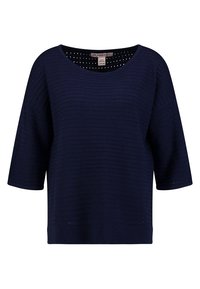 Granatowy sweter z krótkim rękawem, wykonany na drutach, z teksturowanym wzorem i prążkowanym wykończeniem. Okrągły dekolt z subtelnymi detalami wentylacyjnymi.