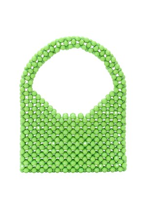Borsa a tracolla verde con manico arrotondato, perline cilindriche e superficie texture. Perline intervallate da accenti lucidi.