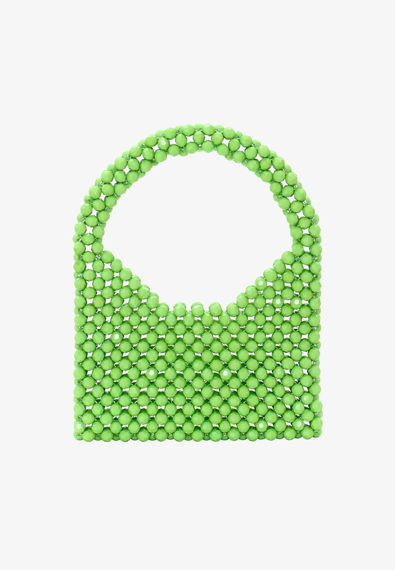 Zöld gyöngyökkel díszített táska lekerekített fogantyúval, henger alakú gyöngyökkel és texturált felülettel. A gyöngyök fénylő akcentusokkal vegyítve.