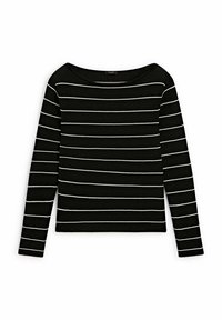 Zwart gestreepte trui met lange mouwen, met horizontale witte strepen, een brede halslijn en een zachte brei-textuur.