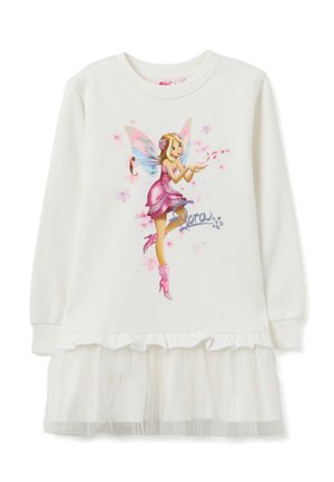 Vestido blanco de manga larga con un gráfico de hada con acentos rosas, dobladillo de tul fruncido y detalles de brillo en la parte superior.