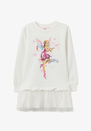 Robe blanche à manches longues avec un motif de fée aux accents roses, un ourlet en tulle froncé et des détails pailletés sur le haut.