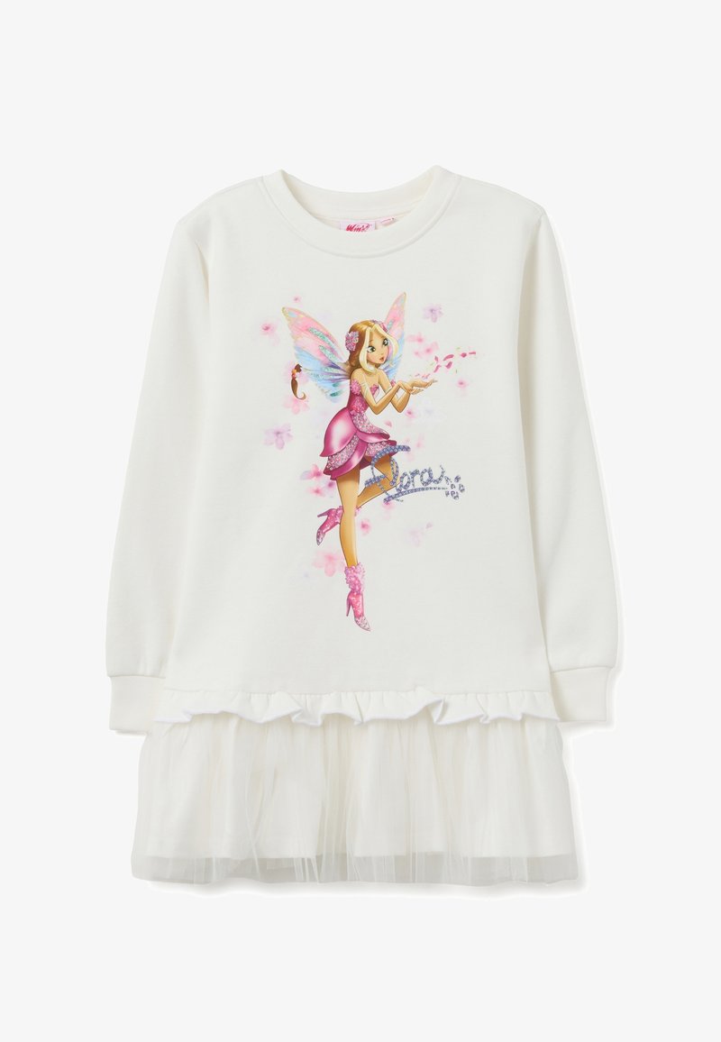 Vestido blanco de manga larga con un gráfico de hada con acentos rosas, dobladillo de tul fruncido y detalles de brillo en la parte superior.