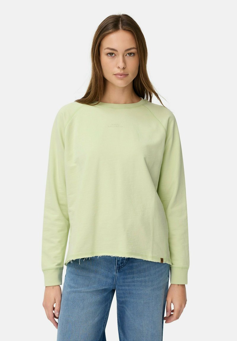 Lichtgroene sweatshirt met lange mouwen, ronde hals en een ruwe zoom. Gemaakt van zacht materiaal met subtiele raglan schoudernaden.