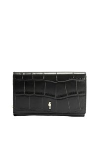 Czarny portfel o teksturze krokodyla z małym złotym emblematem ptaka z przodu, prostokątny i składany.