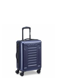 Valigia a righe dura da cabina, di colore navy, con manico nero e ruote multidirezionali. Presenta il marchio Jeep nella parte frontale.