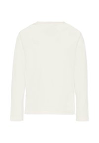 Chemise à manches longues en crème, fabriquée en tissu doux, avec un col rond simple et une coupe droite, sans motifs ni accents visibles.