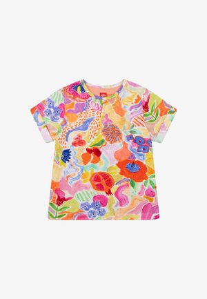 T-shirt met korte mouwen van lichtgewicht katoen, met een meerkleurig bloemmotief met verschillende vormen, levendige kleuren en een ronde hals.