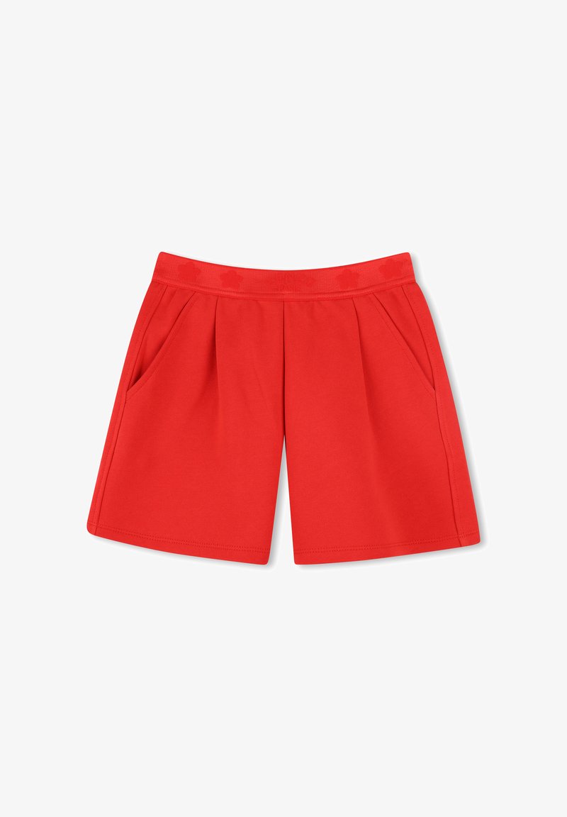 Rode katoenen shorts met een geplooid ontwerp, voorzien van twee zijzakken en een elastische tailleband voor comfort. Soepele textuur en casual pasvorm.