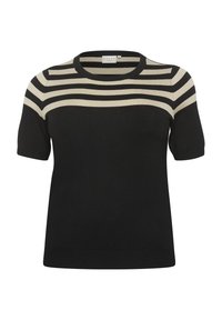 Black knitted short-sleeve sweater with a round neckline, featuring horizontal cream stripes across the upper part. Soft texture.