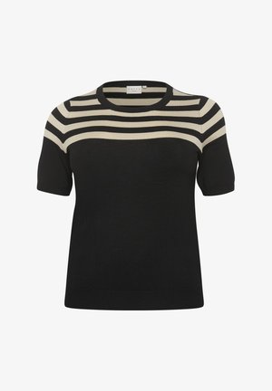 Suéter de punto negro con manga corta y cuello redondo, que presenta rayas horizontales en crema en la parte superior. Textura suave.