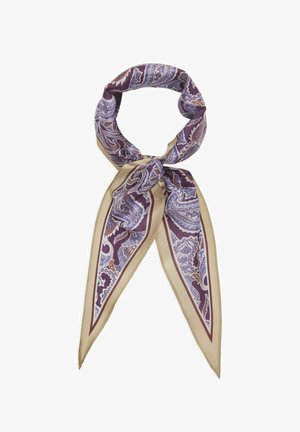 Zijden sjaal met paars paisleypatroon en beige rand, losgeknoopt met twee puntige uiteinden die naar beneden hangen.