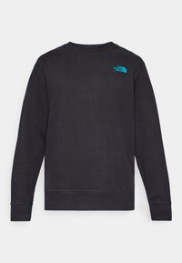 Zwarte langjarige sweatshirt met ronde hals en geribde boorden en onderrand, met een klein blauw logo van The North Face op de linkerborst.