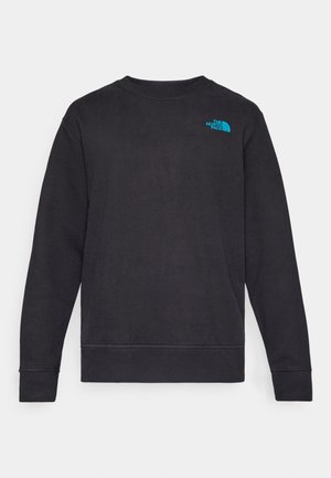 Black long-sleeve crewneck sweatshirt with ribbed cuffs and hem, featuring a small blue The North Face logo on the left chest.
