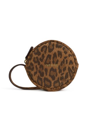 Round wristlet pouch with brown and dark brown leopard print and a small strap attached to the zipper pull.