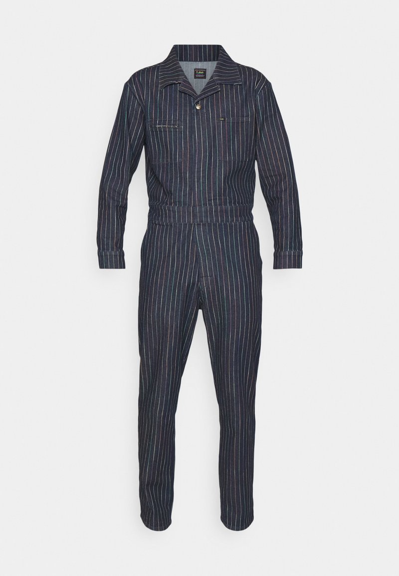 Gestreifte Denim-Latzhose in Dunkelblau mit bunten Linien. Verfügt über einen Kragen, eine Fronttasche und einen elastischen Bund für eine bessere Passform. Lange Ärmel und Beine.