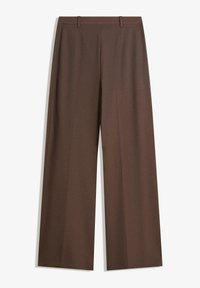 Brown wide-legged trousers made of smooth fabric with a flat waistband and no visible hardware. Features clean lines and a tailored design.