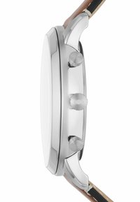 Roestvrijstalen horloge met een gepolijste afwerking, drie drukknoppen en een bruine leren band. Beschikt over een minimalistisch rond kastontwerp.