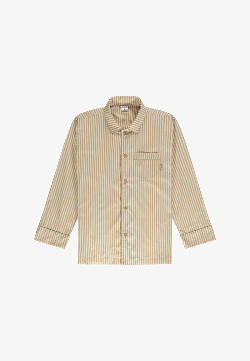 Šviesiai rudas mygtukų užsegamas marškinis su vertikaliomis juostomis. Turi krūtinės kišenę ir švelnų, lygų paviršių. Ilgos rankovės su mygtukais ant riešo.