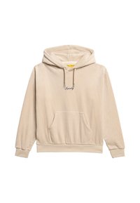 Felpa beige con cappuccio realizzata in tessuto morbido, dotata di tasca a marsupio frontale, orlo e polsini ribattuti, e logo ricamato sul petto.