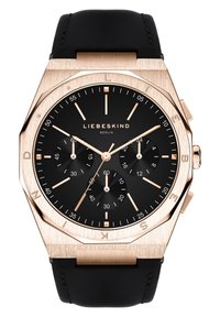 Zwart wijzerplaat chronograaf met een rosegouden roestvrijstalen kast en accenten, voorzien van drie subdials en een zwarte leren band.