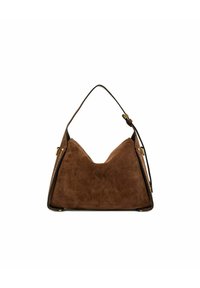 Borsa in suede marrone con forma triangolare, dettagli in pelle, manico curvo e cuciture sottili. Finiture in oro vicino alla cerniera.