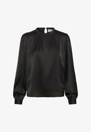 Blouse en satin noir à manches longues avec un col montant, détails plissés à l'avant et ouverture en trou de serrure à l'arrière. Texture douce et poignets ajustés.