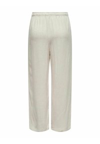 Pantalon en lin beige clair, coupe jambe large, taille élastique, texture lisse, sans motifs ni détails métalliques visibles.