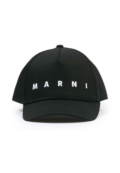 Casquette de baseball noire à visière incurvée, avec le lettrage blanc en relief "MARNI" à l'avant, en tissu doux avec une finition texturée.