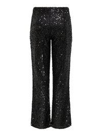 Pantaloni neri a vita alta e gamba larga completamente ricoperti di paillettes lucide con una cintura liscia.