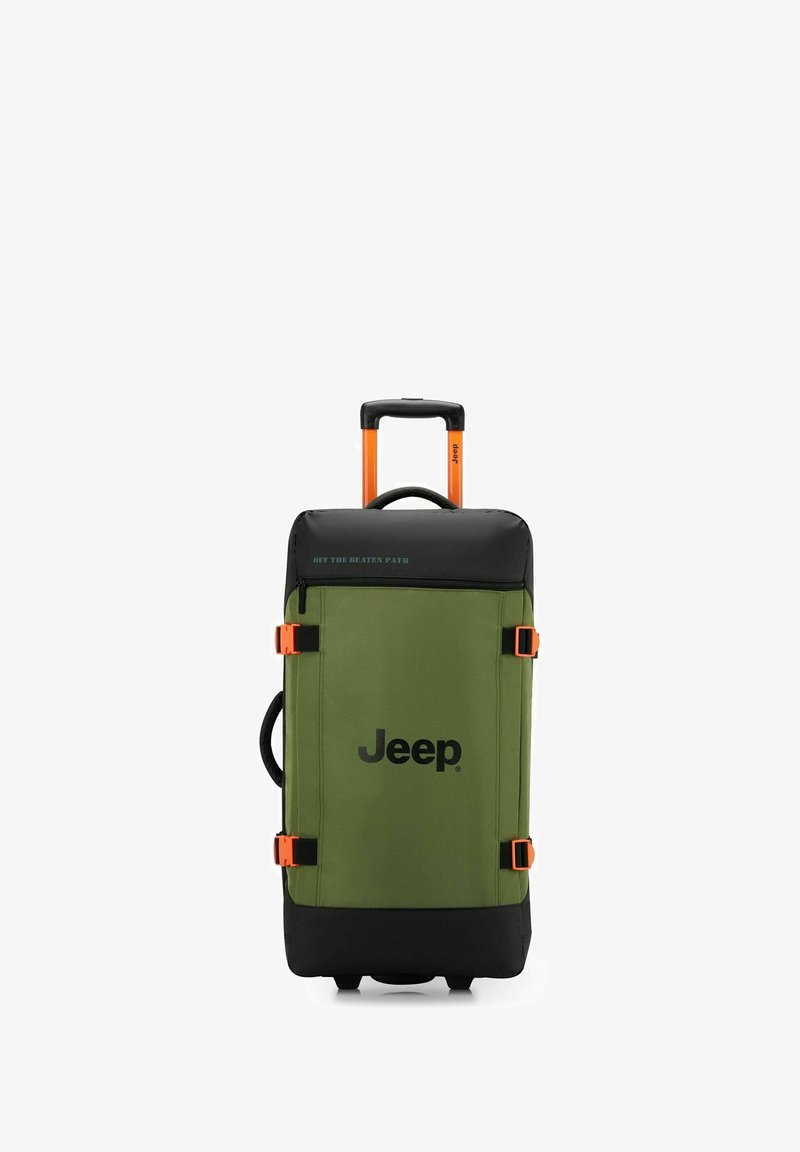 Valigia in tessuto verde con dettagli neri, maniglie arancioni e accessori. Presenta un logo e cinghie regolabili per una maggiore sicurezza.