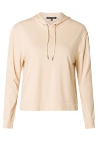 Beige hoodie gemaakt van zachte stof met een trekkoordkap. Heeft lange mouwen en een losse pasvorm, met stikseldetails aan de zoom.