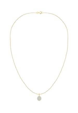 Delicata collana con catena d’oro con piccole perline intervallate e un piccolo ciondolo ovale con un centro scintillante e testurizzato.