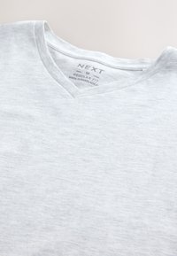 Hellgraues T-Shirt mit V-Ausschnitt und sichtbarem Etikett "NEXT M Regular Fit Made in Bangladesh" im Kragen.