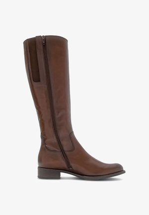 Brown leather knee-high boot with a side zipper and a small block heel. Smooth texture with minimal stitching and a sleek silhouette.
