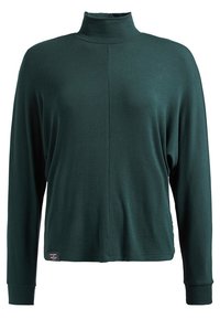 Maglione a collo alto verde scuro con maniche lunghe, realizzato in tessuto a coste. Presenta una vestibilità dritta e un piccolo logo sull'orlo.